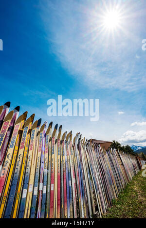 Zaun aus alten Alpinski, Salida, Colorado hergestellt; USA Stockfoto