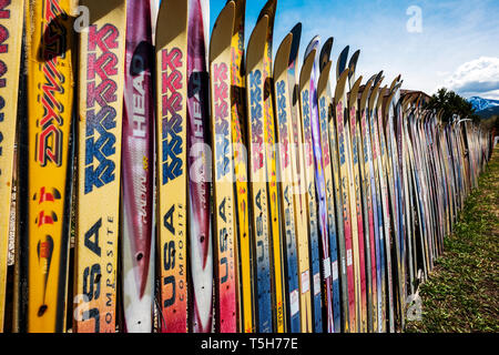 Zaun aus alten Alpinski, Salida, Colorado hergestellt; USA Stockfoto