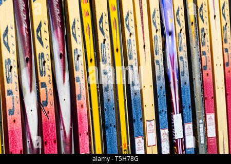 Zaun aus alten Alpinski, Salida, Colorado hergestellt; USA Stockfoto