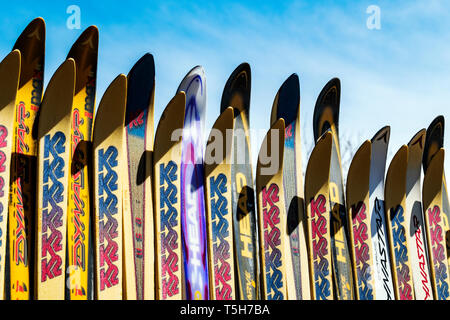 Zaun aus alten Alpinski, Salida, Colorado hergestellt; USA Stockfoto