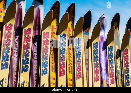 Zaun aus alten Alpinski, Salida, Colorado hergestellt; USA Stockfoto