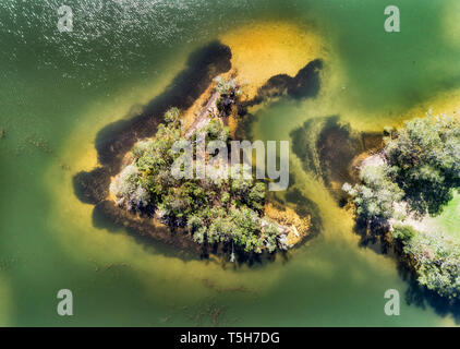 Kleine sandige Insel im seichten Wasser der Northbridge Lagune an einem sonnigen Tag von dichten Bäumen bedeckt - beliebtes Ziel für Kanu und Kajak Erholung. Stockfoto