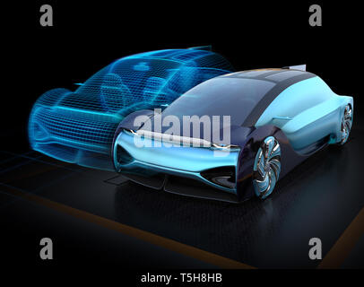 Autonome elektrische Auto und wireframe Rendern der Karosserie auf schwarzen Hintergrund. Digitale Twin-Konzept. 3D-Bild. Stockfoto