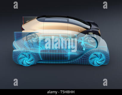 Autonome elektrische Auto und wireframe Rendern der Karosserie auf schwarzen Hintergrund. Digitale Twin-Konzept. 3D-Bild. Stockfoto
