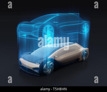 Autonome elektrische Auto und wireframe Rendern der Karosserie auf schwarzen Hintergrund. Digitale Twin-Konzept. 3D-Bild. Stockfoto