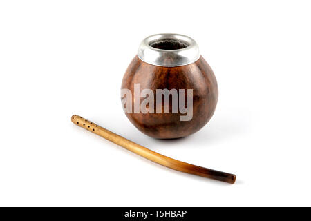 Calabash gourd mit Bombilla auf weißem Hintergrund Stockfoto