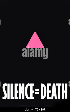 Stille = Tod 1987 Plakat der ACT-UP (AIDS Coalition zu Entfesseln der Kraft) und in NEW YORK angezeigt das Bewusstsein für AIDS und die Untätigkeit der amerikanischen Regierung kritisieren zu publizieren, Maßnahmen gegen die wachsende Epidemie oder. Stockfoto