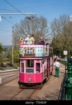 Die Menschen an Bord des Seaton Straßenbahn in Colyton Station, Devon, Großbritannien Stockfoto