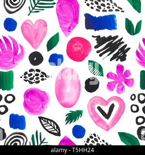 Nahtlose Muster von Hand bemalt helle Flecken Anschläge Anschlägen auf weißem Hintergrund isoliert. Geometrische botanische Elemente blau pink grün schwarz Stockfoto