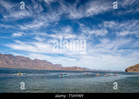 Kajakfahren auf dem Meer, die Bucht von Loreto Nationalpark, Baja California Sur, Mexiko. Stockfoto