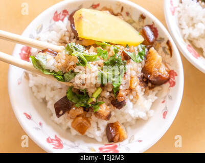 Geschmortes Schweinefleisch über Reis - Taiwan - berühmte traditionelle Street Food Delikatesse. Soja - geschmortes Schweinefleisch mit Reis. Travel Design Konzept. Top Anzeigen, Kopieren, Nahaufnahme Stockfoto