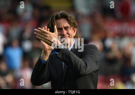 22. April 2019, Griffin Park, London, England; Sky Bet Meisterschaft, Brentford vs Leeds United; Thomas Frank, Leiter des Brentford Credit: Phil Westlake/News Bilder, Englische Fußball-Liga Bilder unterliegen DataCo Lizenz Stockfoto