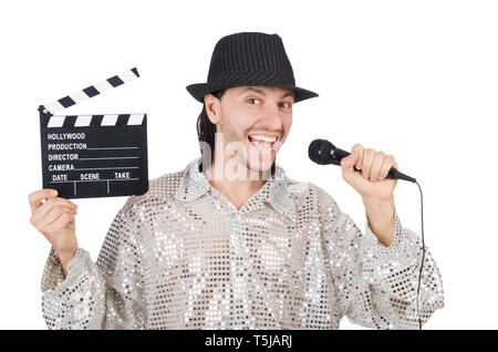 Performer in glänzend Kostüm isoliert auf weißem Stockfoto