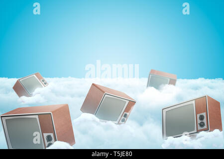 3D-Rendering des retro TV Sets auf dicken flauschigen weissen Wolken mit blauem Himmel darüber. Stockfoto