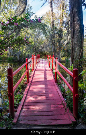 USA, South Carolina, Charleston, Rote Brücke über einem Teich im Magnolia Plantation Stockfoto