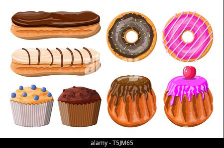 Süße Desserts. Leckeres Essen. Konditorei oder Bäckerei. Eclair, Donuts, Muffins. Schokolade Kuchen mit Sahne Pudding und Berry. Vector Illustration im flachen Stil Stock Vektor