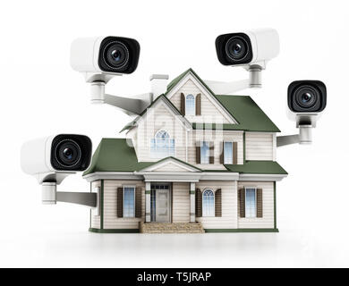 Haus geschützt mit CCTV-Kameras. 3D-Darstellung. Stockfoto