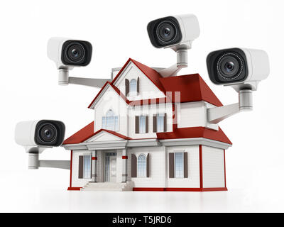 Haus geschützt mit CCTV-Kameras. 3D-Darstellung. Stockfoto