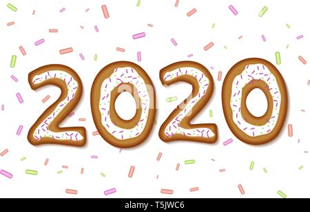 Neues Jahr, Inschrift 2020 in Form von Weihnachten Lebkuchen, dekoriert mit weißer Zuckerglasur. Weihnachten und neues Jahr Lebkuchen. Xmas cookies Dekoration. Gre Stock Vektor