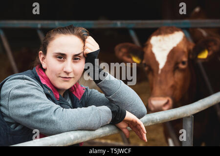 Junge Frau, die neben Guernsey Kuh auf einem Bauernhof stehen. Stockfoto