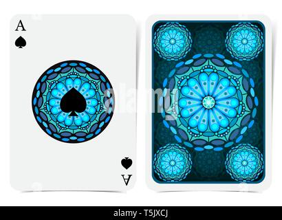 Ace of Spades Gesicht mit Spaten inside Blau geometrische Muster runden Rahmen und zurück mit Kreis blau Muster auf. Vektor Karte Vorlage Stock Vektor