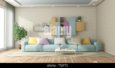 Modernes Wohnzimmer in Pastelltönen mit Sofa und Bücherregal auf Hintergrund - 3D-Rendering Stockfoto