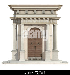 Alten Portal im neoklassizistischen Stil mit hölzernen Tür und dorischen Säule isoliert auf Weiss - 3D-Rendering Stockfoto