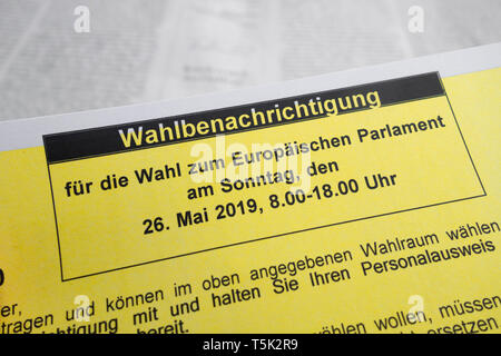 Wahl Benachrichtigung für die Wahl zum Europäischen Parlament am Sonntag, den 26. Mai 2019. Stockfoto