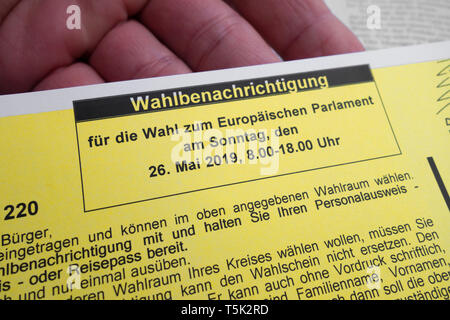 Wahl Benachrichtigung für die Wahl zum Europäischen Parlament am Sonntag, den 26. Mai 2019. Stockfoto