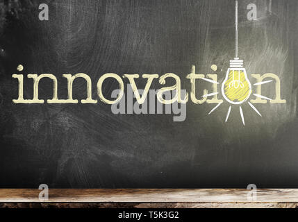 Wort Innovation auf die Schiefertafel mit leuchtenden Glühbirne symbolisiert und Idee Stockfoto