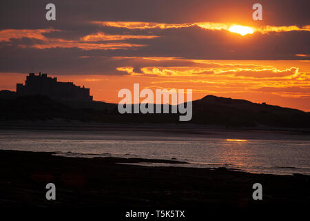 Bamburgh Castle an der nordöstlichen Küste von England Silhouette gegen einen farbenprächtigen Sonnenuntergang an einem Sommerabend. Stockfoto