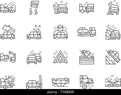 Satz von Car Crash und Unfälle Zeile für Symbole. Service Station, Seitenaufprall, Abschleppwagen, Evakuierung, Stau, Not-Aus-Schild, Radwechsel Stock Vektor