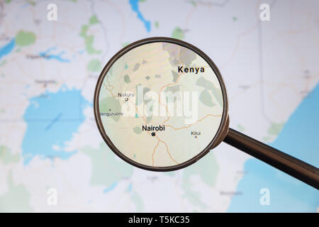 Nairobi, Kenia. Politische Karte. Stadt Visualisierung anschauliches Konzept auf dem Display durch die Lupe. Stockfoto