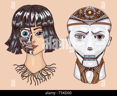 Künstliche Intelligenz. Der Mann und die Frau mit der Hälfte der Fläche des Roboters. Replicant oder Android. Zukunft Technik Hand gezeichnet. Vintage graviert Schwarzweiß Stock Vektor