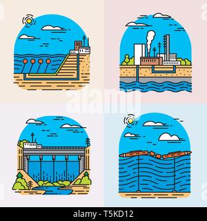 Kraftwerke Symbole. Industriebauten. Nukleare, Chemische Fabriken, Erdwärme, Solar Wind Flutwelle Wasserkraft, fossiler Brennstoff, den Osmotischen generieren Stock Vektor