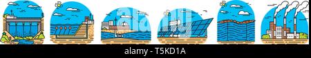 Kraftwerke Symbole. Industriebauten. Nukleare, Chemische Fabriken, Erdwärme, Solar Wind Flutwelle Wasserkraft, fossiler Brennstoff, den Osmotischen generieren Stock Vektor