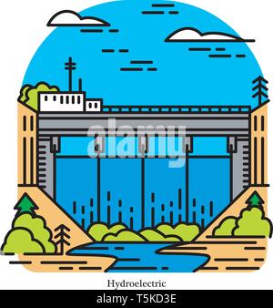 Wasserkraft Kraftwerk. Strom aus Wasserkraft. Kraftpaket oder Kraftwerk. Industriebau Symbol. Ökologische Quellen. Stock Vektor