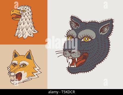 Vintage Tierköpfen. Logo für t-shirt. Wilder Panther, Fuchs und Falcon. Hand graviert schwarzweiß gezeichnet. Stock Vektor