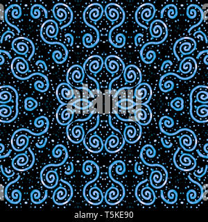 Spiralen und Punkte Motiv oriental kunstvollen Stil nahtlose Muster in Blau und Schwarz Farben Stockfoto