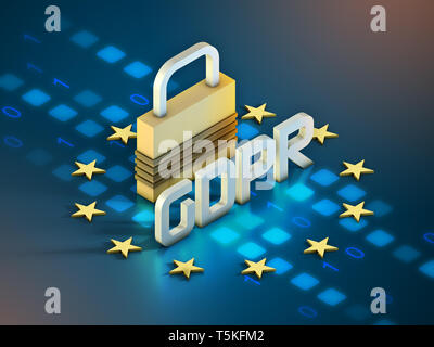 Die Europäische allgemeine Datenschutzverordnung Symbol und ein Schloss. 3D-Darstellung. Stockfoto