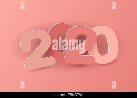 Neues Jahr 2020 Papier schneiden Zahlen in zarten rosa Farben. Multicolor Inschrift 2019. Vector Illustration. Dekorative Grußkarte 2020 für das neue Jahr. Stock Vektor