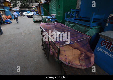 Schlafen unter einem Moskitonetz im Sommer auf Shyama Charan Dey Street, Kolkata, Indien Stockfoto