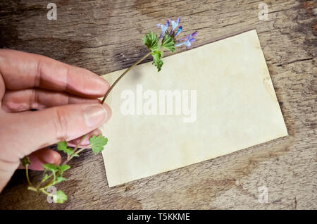 Leerer Hinweis Karte auf rustikalem Holz mit Hand Blume Stockfoto