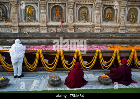 Tibetische Mönche und Pilger an der Mahabodhi Tempel (Indien) Stockfoto