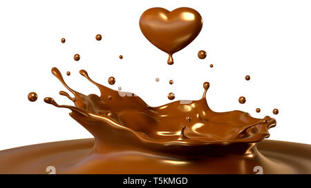 Tropfen Schokolade in Form von Herzen. 3D-Darstellung Stockfoto