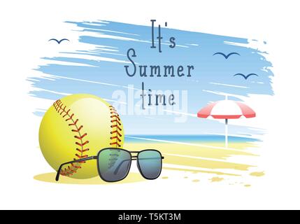 Es ist Sommer. Sport Karte. Softball Ball mit Sonnenbrille und Sonnenschirm am Sandstrand Hintergrund. Vector Illustration. Stock Vektor