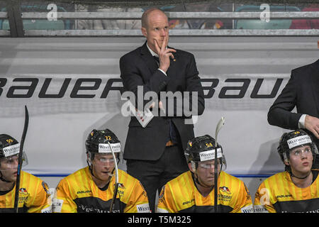 Regensburg, Deutschland. 25 Apr, 2019. Eishockey: Länderspiel Deutschland - Österreich in der donau-arena. Trainer Toni Söderholm Deutschland steht hinter seiner Mannschaft. Foto: Armin Weigel/dpa/Alamy leben Nachrichten Stockfoto