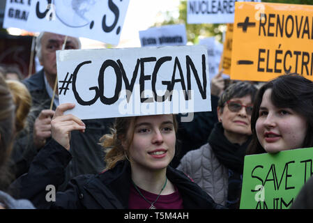 Madrid, Madrid, Spanien. 25 Apr, 2019. Ein Schüler gesehen, die ein Schild sagt Go Vegan während des Protestes. Tausende Schüler, Jugendliche und Studenten in Madrid und marschierten in mehr als 50 Städten und Stadt um das Land, gegen den Klimawandel zu protestieren und die Regierung auffordern, Maßnahmen zu ergreifen haben. Die globale Bewegung wurde von den Teenage Aktivistin Greta Thunberg, die Schule schwänzen wurde jeden Freitag seit August außerhalb des schwedischen Parlaments zu protestieren. Quelle: John milner/SOPA Images/ZUMA Draht/Alamy leben Nachrichten Stockfoto