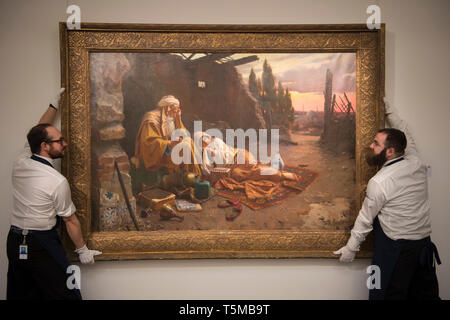 London, Großbritannien. 26. April 2019. Sotheby's im Nahen und Mittleren Osten Kunst verkauf Vorschau an der New Bond Street umfasst Künste der islamischen Welt des 20. Jahrhunderts im Nahen Osten Kunst, Orientalist verkauf Vorschau & Manoucher Yektai Ausstellung. Bild: Der Orientalist Verkauf. Rudolf Ernst, Österreichischen. Eine neue Morgendämmerung. Schätzung £ 250,000-350,000. Credit: Malcolm Park/Alamy Leben Nachrichten. Stockfoto
