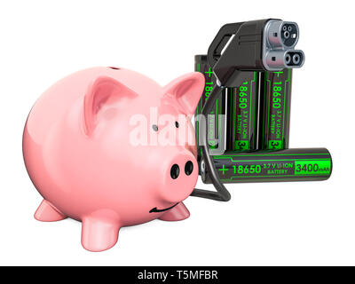 Elektroauto Ladestecker mit Sparschwein, 3D-Rendering auf weißem Hintergrund Stockfoto